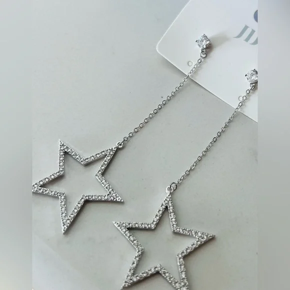 Silverplated Star Rhinestone Pendant Drop Dangle Fashion Earrings Set 2.25" - Picture 3 of 4